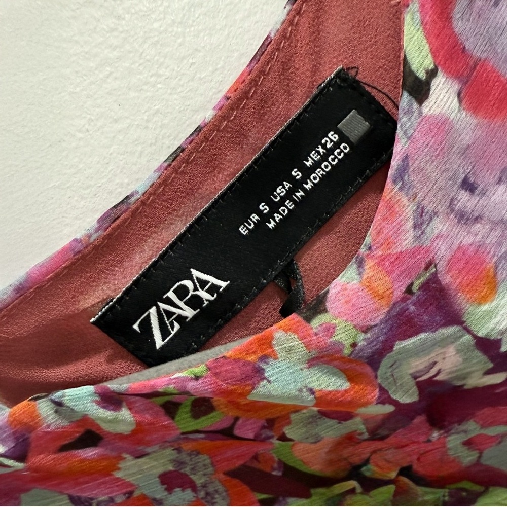 Zara Floral Print Pink Multicolor Long Sleeve Ruched Cut-Out Mini Dress (Small) - Picture 10 of 10